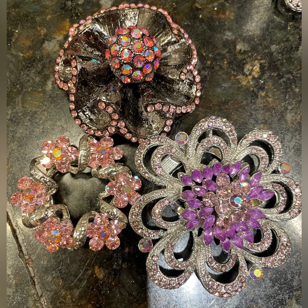 3 Elegant Silver and Pink Crystal Brooch Set
